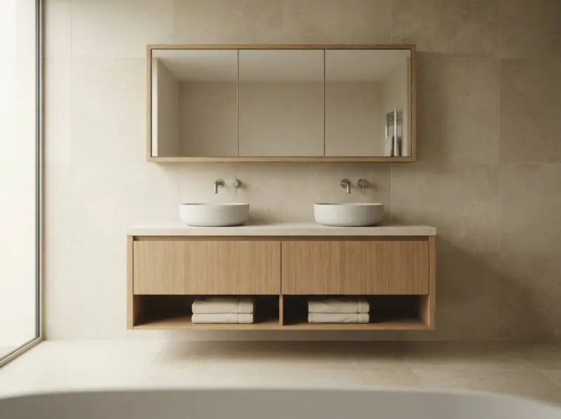 Wandhängender Waschtisch mit Spiegelschrank in einem hellen Bad